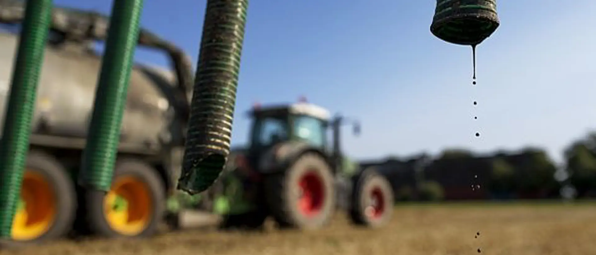 Traktor syns i bakgrunden i solljus. I förgrunden syns slangar.